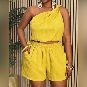 Elegant Yellow One-Shoulder 2 piece combo